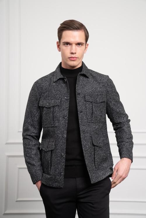  Erkek Siyah Worker Dynamic Fit Rahat Kesim Gömlek Ceket