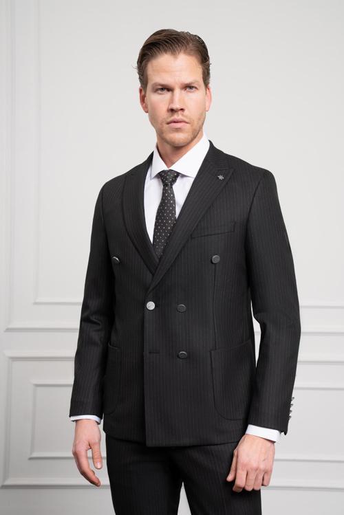  Erkek Siyah Trend Kruvaze Slim Fit Dar Kesim Sivri Yaka Takım Elbise