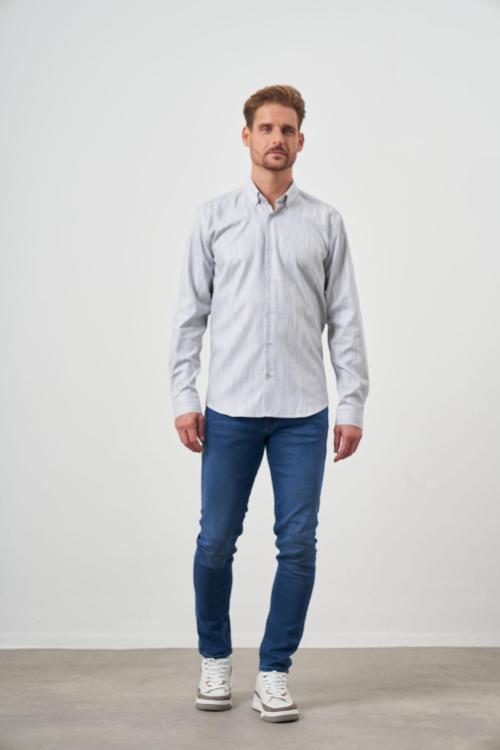  Erkek Gri Pamuk Baskılı Desenli Düğmeli Yaka Slim Fit Gömlek
