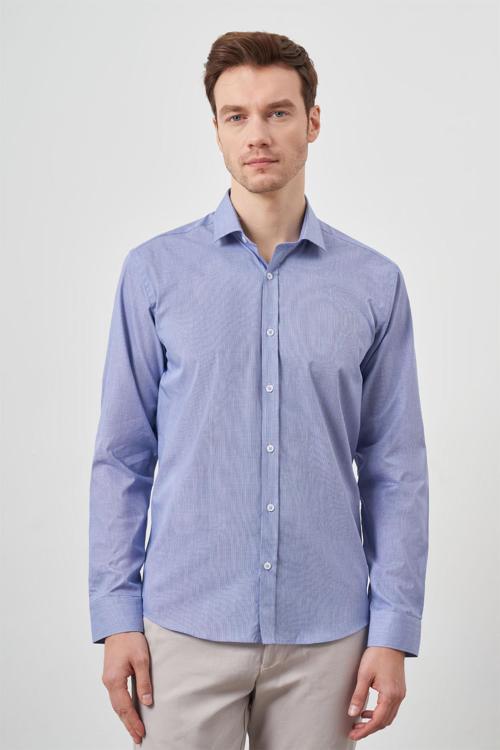  Erkek Mavi Pamuk Baskılı Desenli İtalyan Yaka Slim Fit Gömlek