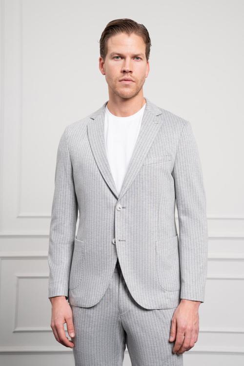  Erkek Gri Poliviskon Trend Örme Çizgili Slim Fit Mono Yaka Takım Elbise