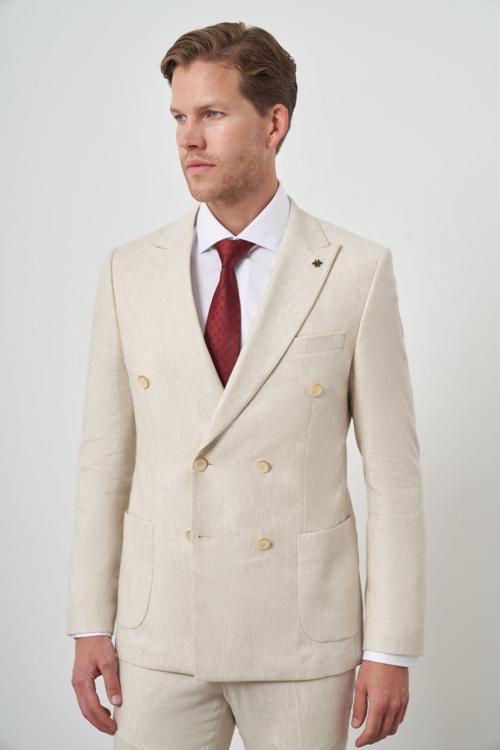  Erkek Bej Keten Kruvaze Slim Fit Sivri Yaka Takım Elbise