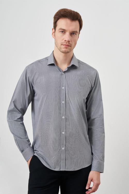  Erkek Siyah Pamuk Baskılı Desenli İtalyan Yaka Slim Fit Gömlek