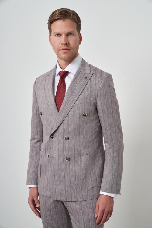  Erkek Vizon Tend Keten Kruvaze Slim  Fit Sivri Yaka Takım Elbise