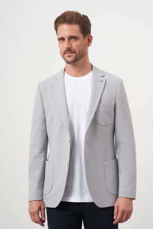  Erkek Gri Dokuma Gofre Slim Fit Torba Cep Mono Yaka Spor Ceket