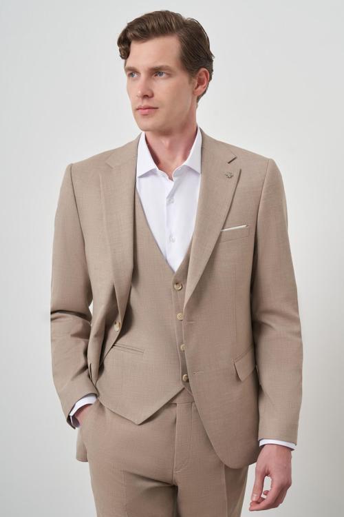  Erkek Bej Yünlü Slim Fit Yelekli Mono Yaka Takım Elbise