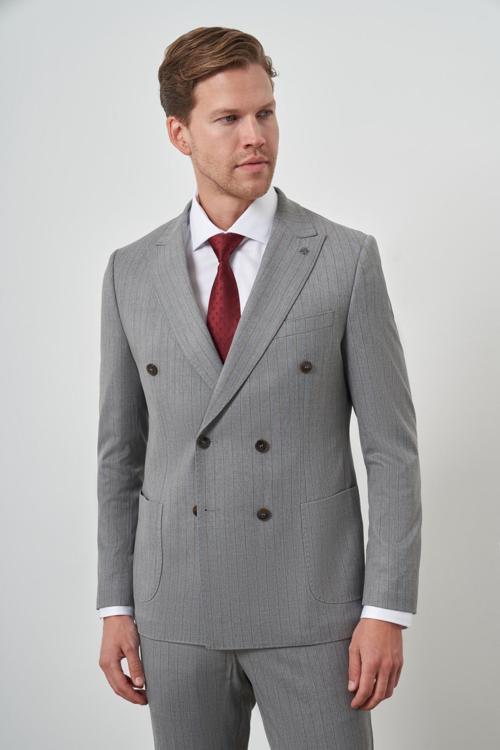 Erkek Gri Poliviskon Trend Kruvaze Çizgili Desen Slim Fit Sivri Yaka Takım Elbise