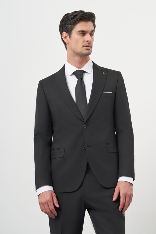 Erkek Siyah Basic Jakar Desen Slim Fit Sivri Yaka Takım Elbise