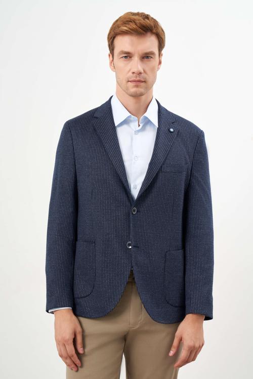  Erkek Lacivert Örme Slim Fit Torba Cep Mono Yaka Spor Ceket