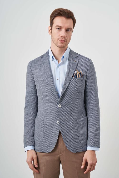 Erkek Lacivert Dokuma Slim Fit Torba Cep Mono Yaka Spor Ceket