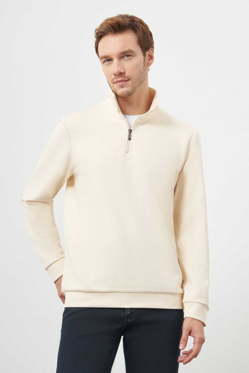 Erkek Ekru Fermuarlı Bato Yaka Sweat-Shirt
