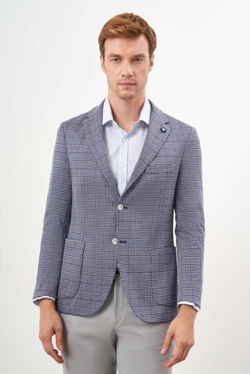  Erkek Mavi Örme Slim Fit Torba Cep Mono Yaka Spor Ceket
