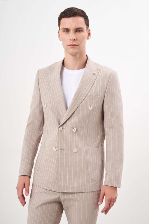  Erkek KAHVE Keten Trend Kruvaze Slim Fit Sivri Yaka Takım Elbise