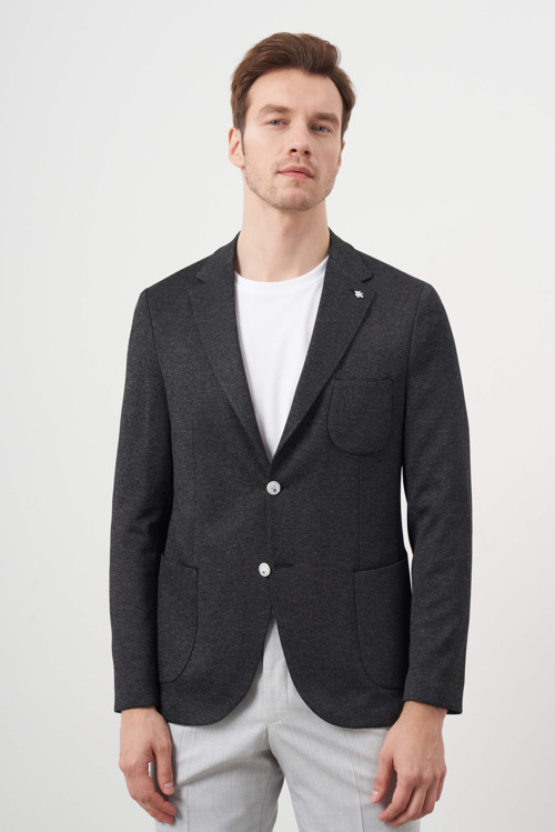 Erkek Siyah Örme Slim Fit Torba Cep Mono Yaka Spor Ceket