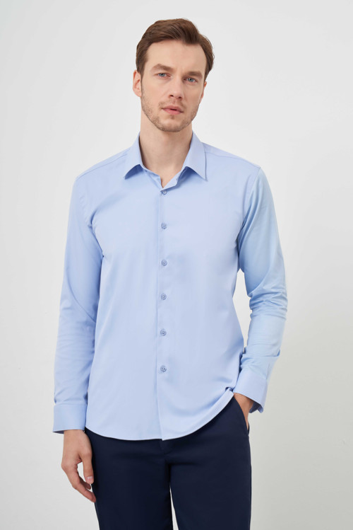 Erkek A. MAVİ Pamuk Düz Desen İtalyan Yaka Slim Fit Gömlek