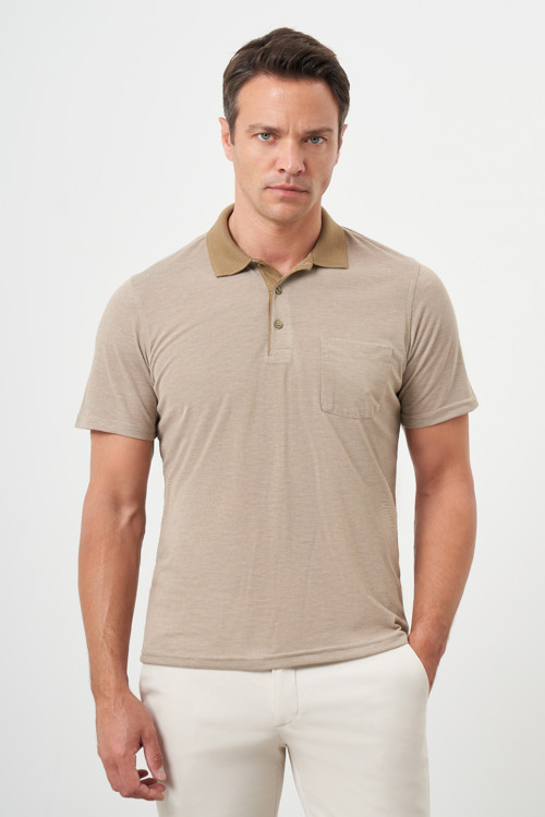 Erkek Bej Trend Cepli Polo Yaka T-Shirt