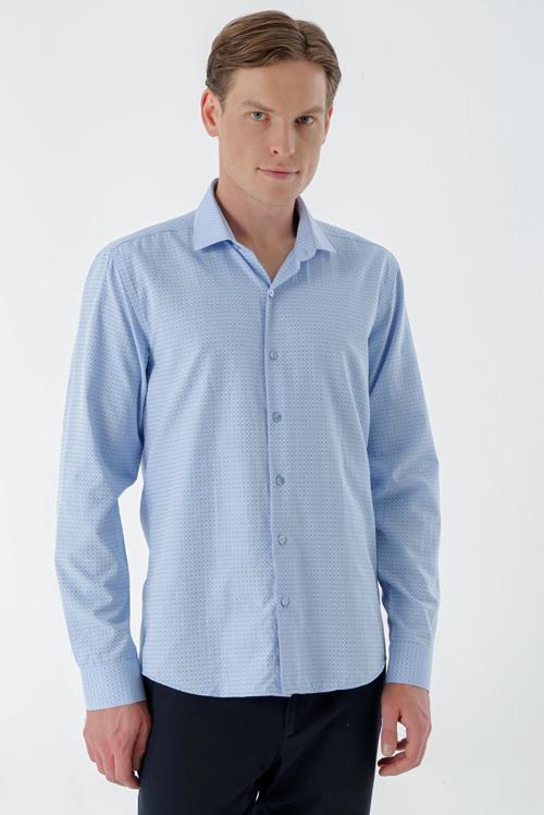  Erkek Mavi Trend Baskılı Desenli İtalyan Yaka Slim Fit Gömlek