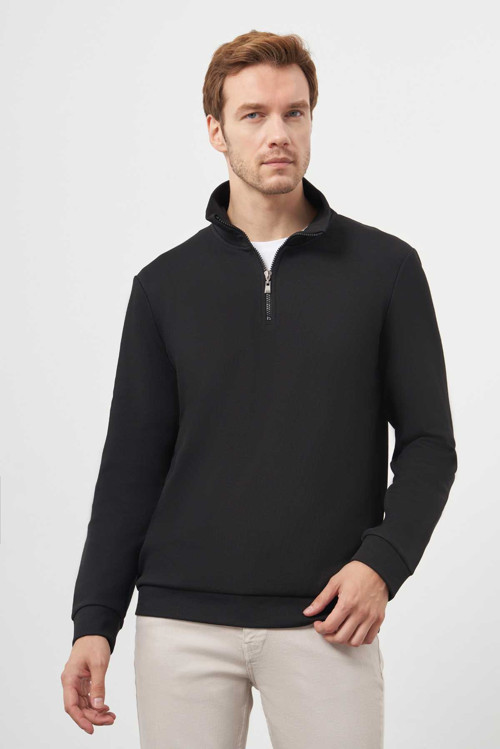 Erkek Siyah Fermuarlı Bato Yaka Sweat-Shirt