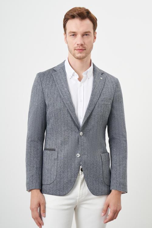 Erkek Gri Örme Slim Fit Torba Cep Mono Yaka Spor Ceket