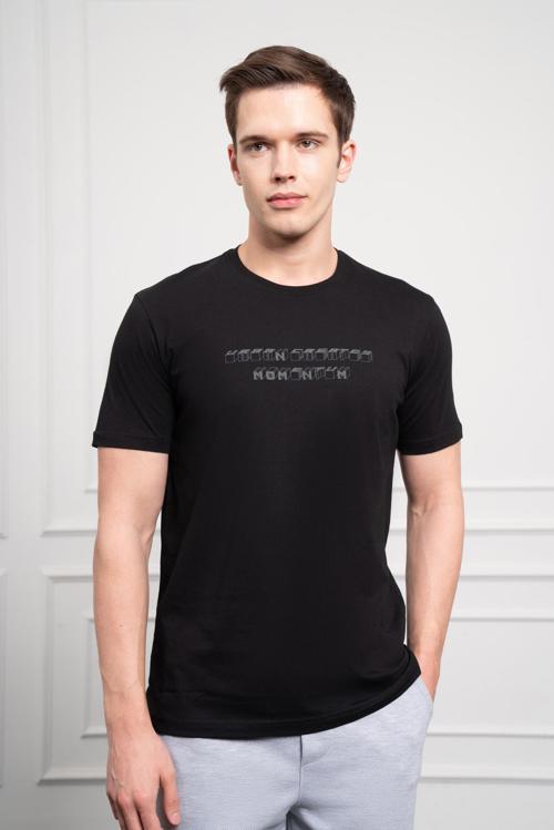  Erkek Siyah Trend Bisiklet Yaka Dinamik Fit Pamuk T-Shirt