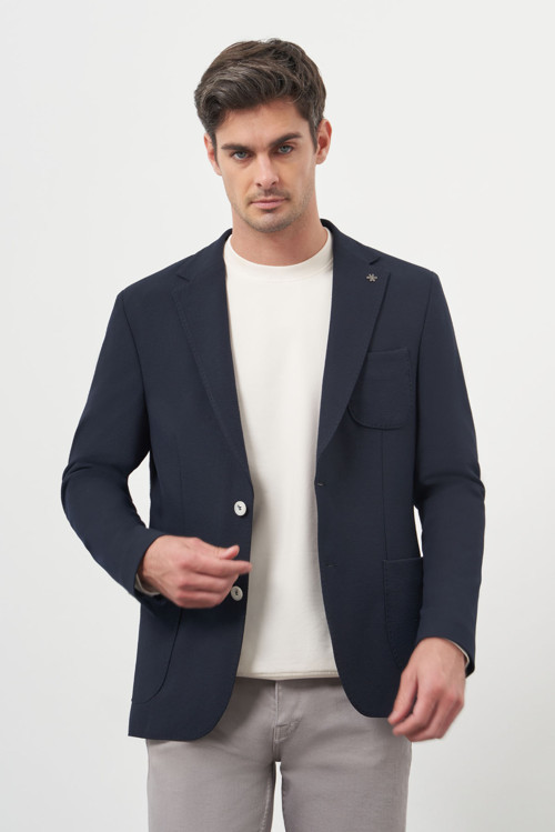 Erkek Lacivert Dokuma Gofre Slim Fit Torba Cep Mono Yaka Spor Ceket