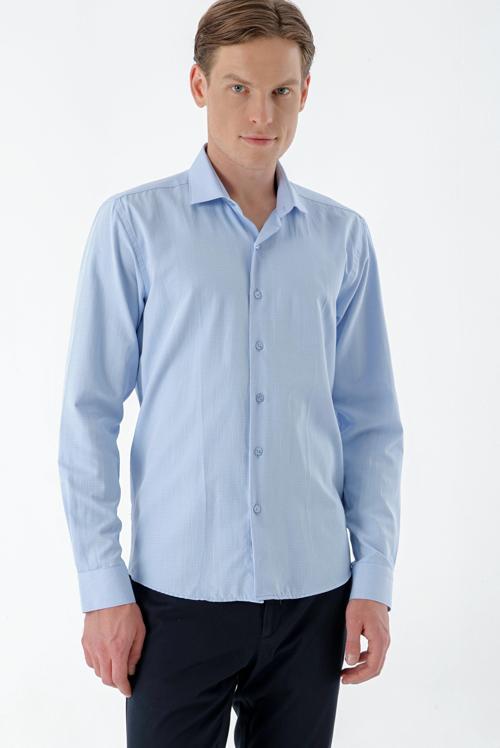 Erkek Mavi Trend Baskılı Desenli İtalyan Yaka Slim Fit Gömlek