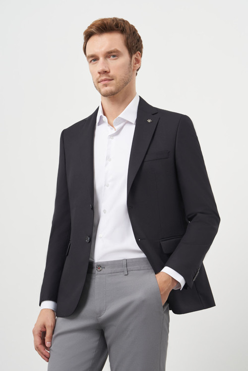 Erkek Siyah Poliviskon Slim Fit Mono Yaka Klasik Ceket