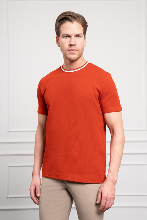 Erkek Kiremit Trend Bisiklet Yaka Dinamik Fit T-Shirt