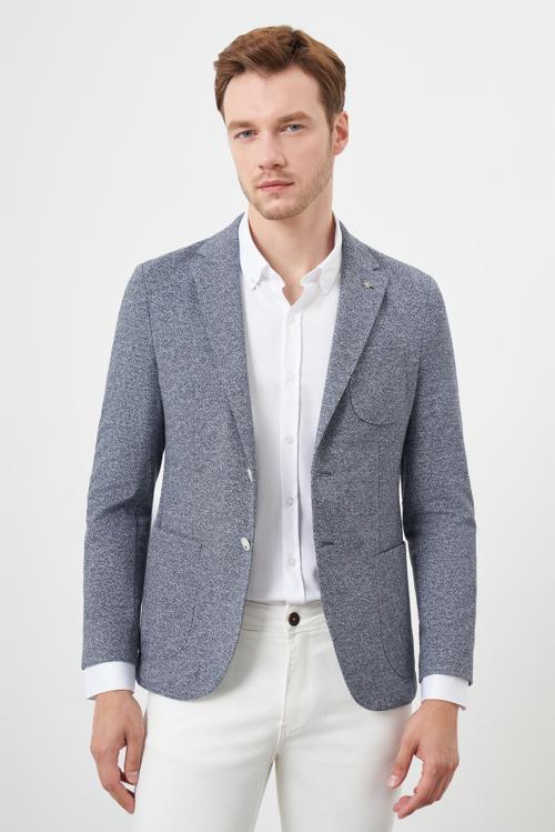  Erkek İndigo Örme Slim Fit Torba Cep Mono Yaka Spor Ceket