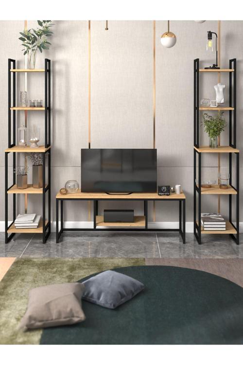 Bade Tv Ünitesi Yaşam Ünitesi Seti Metal Kitaplıklı Dekoratif Tv Ünitesi Çok Amaçlı 3'Lü Set Safir