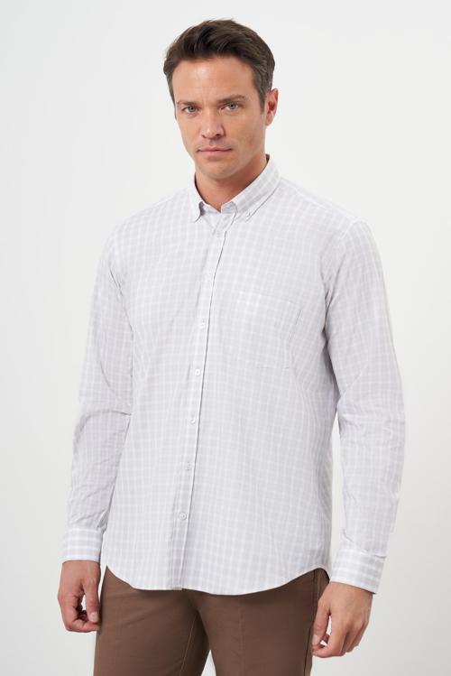  Erkek Vizon Pamuk Cepli Ekoseli Düğmeli Yaka Regular Fit Gömlek