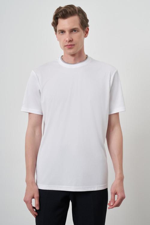  Erkek Beyaz Trend Bisiklet Yaka T-Shirt