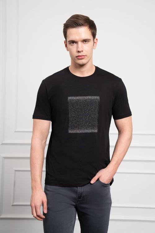  Erkek Siyah Trend Bisiklet Yaka Dinamik Fit Pamuk T-Shirt