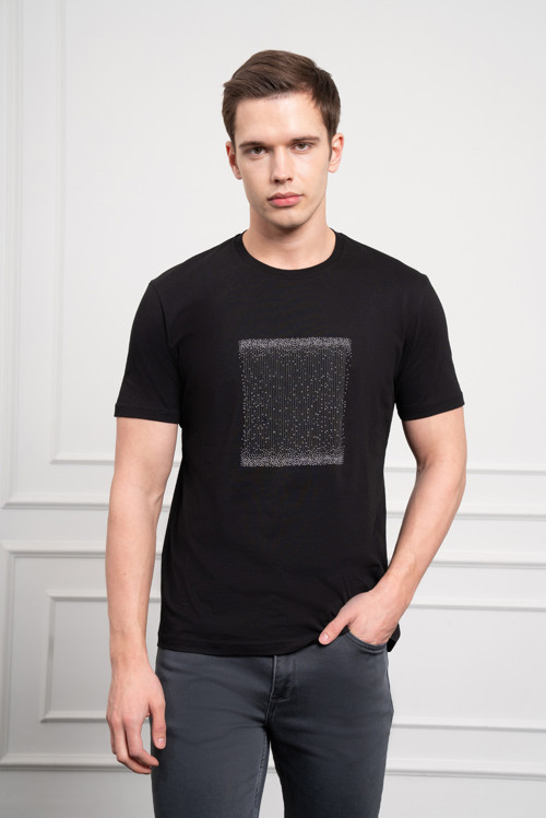 Erkek Siyah Trend Bisiklet Yaka Dinamik Fit Pamuk T-Shirt