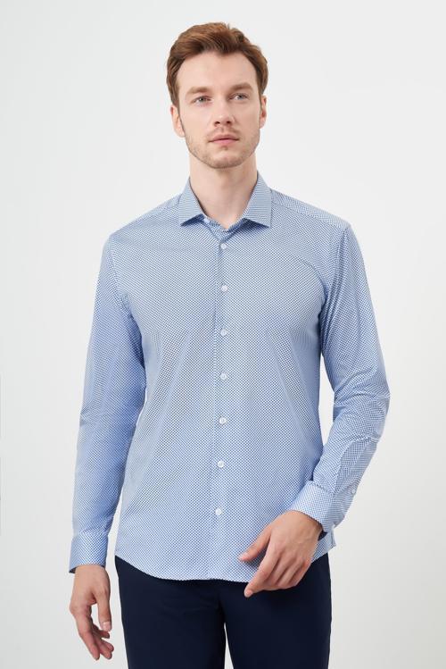  Erkek Mavi Pamuk Baskılı Desenli  İtalyan Yaka Slim Fit Gömlek