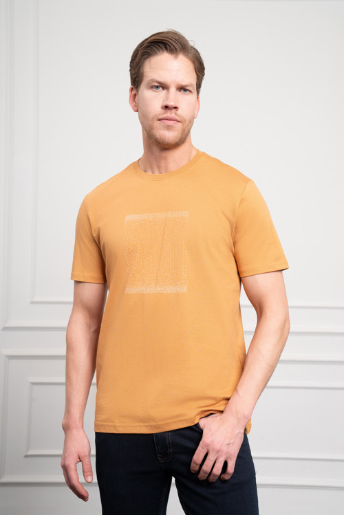 Erkek Hardal Sarısı Trend Bisiklet Yaka Dinamik Fit Pamuk T-Shirt