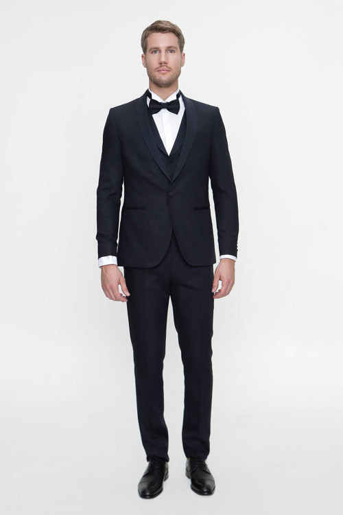 Erkek Lacivert Santorin Ceremonia Jakarlı Slim Fit Dar Kesim Damatlık