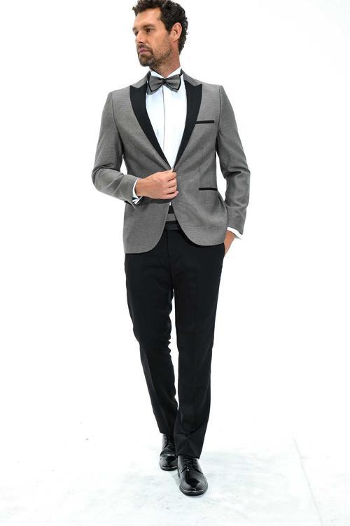  Erkek Gri Portofino Slimfit Jakarlı Smokin