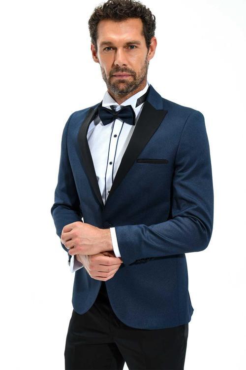  Erkek Lacivert Portofino Slimfit Jakarlı Smokin