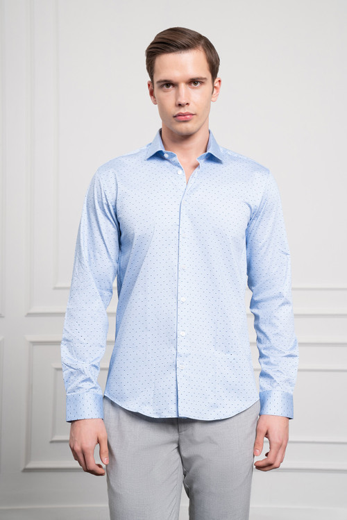 Erkek A. MAVİ Pamuk Baskılı Desenli İtalyan Yaka Slim Fit Gömlek