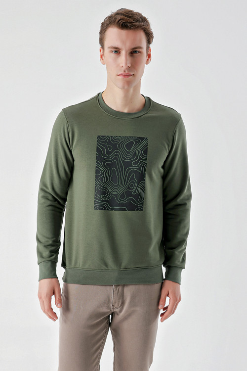 Erkek Haki Trend Bisiklet Yaka Sweat-Shirt