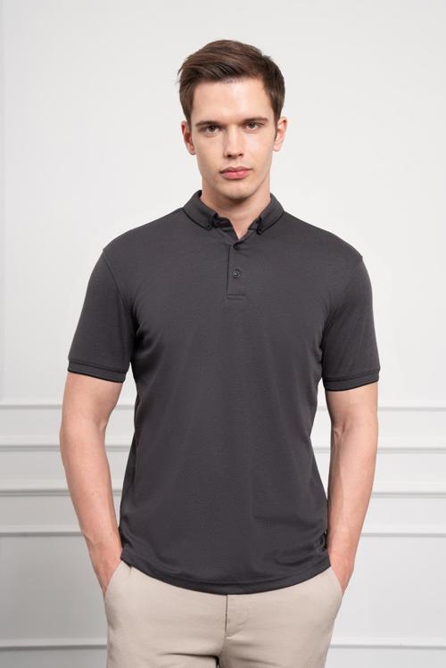  Erkek Siyah Trend Merserize Düz Düğmeli Yaka Dynamic Fit T-Shirt