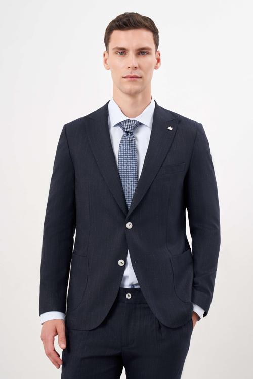  Erkek Lacivert Poliviskon Trend Desenli Slim Fit Mono Yaka Takım Elbise