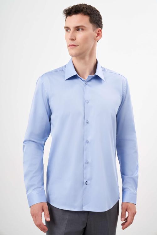  Erkek Mavi Pamuk Düz Desen Sert Yaka Slim Fit  Gömlek