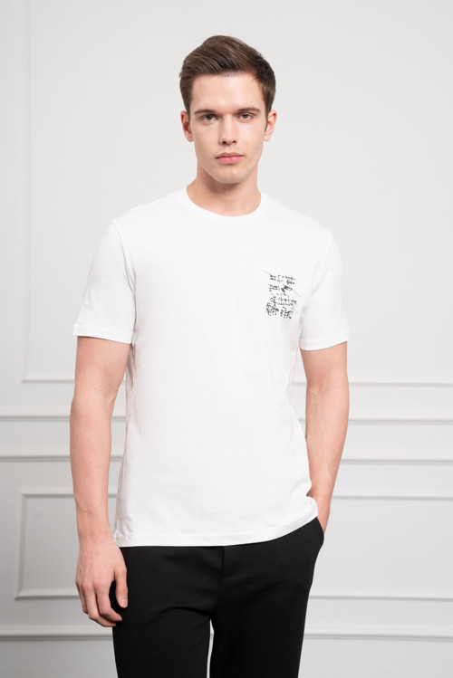 Erkek Ekru Trend Bisiklet Yaka Dinamik Fit Pamuk T-Shirt
