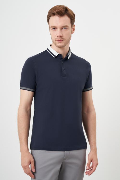  Erkek Lacivert Trend Compact Pike Düz Desen Düğmeli Yaka Dynamic Fit T-Shirt