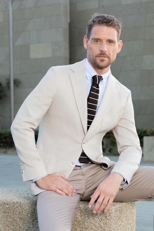  Erkek Bej Poliviskon Dokuma Desenli Slim Fit Mono Yaka Ceket