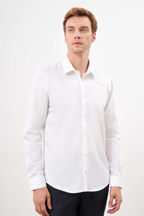  Erkek Beyaz Pamuk Düz Desen Sert Yaka Slim Fit  Gömlek