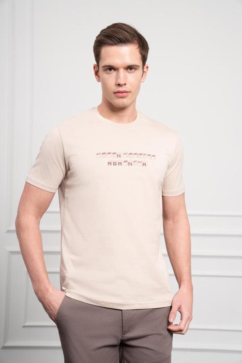  Erkek Bej Trend Bisiklet Yaka Dinamik Fit Pamuk T-Shirt