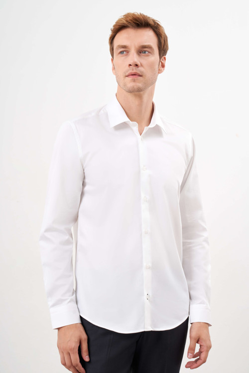 Erkek Beyaz Pamuk Düz Desen Sert Yaka Slim Fit Gömlek